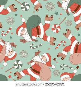 Seamless vector pattern with cute vintage Santa Claus on roller skate. Hand drawn retro Christmas background. Perfect for textile, wallpaper or nursery print design. EPS10 vector file.