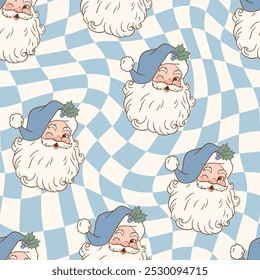 Nahtloses Vektormuster mit süßem Vintage-Weihnachtsmann. Handgezeichnetes Retro-Weihnachtsmuster. Überprüfter Hintergrund. Perfekt für Textil-, Tapeten- oder Kinderzimmer-Print-Design. EPS10 Vektordatei.