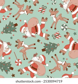 Seamless vector pattern with cute vintage Santa Claus on roller skate and Christmas deer. Hand drawn retro Christmas background. Perfect for textile, wallpaper or nursery print design. 