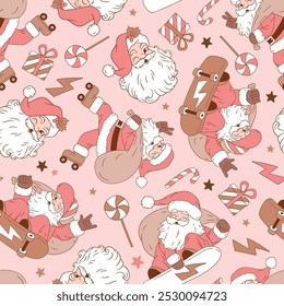 Seamless vector pattern with cute vintage Santa Claus on roller skate, skate board and snowboard. Hand drawn Christmas background. Perfect for textile, wallpaper or print design. EPS10 vector file.