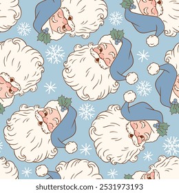 Nahtloses Vektormuster mit süßem Vintage-Weihnachtsmann. Handgezeichnetes Retro-Weihnachtsmuster. Perfekt für Textil-, Tapeten- oder Kinderzimmer-Print-Design. EPS10 Vektordatei.