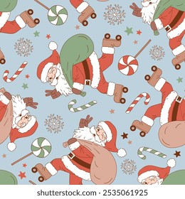 Seamless vector pattern with cute vintage Santa Claus on roller skate. Hand drawn retro Christmas background. Perfect for textile, wallpaper or nursery print design. EPS10 vector file.