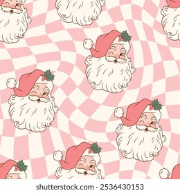 Seamless vector pattern with cute vintage Santa Claus. Hand drawn retro Christmas pattern. Checkered background. Perfect for textile, wallpaper or nursery print design. EPS10 vector file.