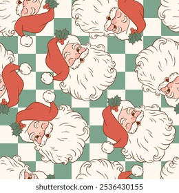 Seamless vector pattern with cute vintage Santa Claus. Hand drawn retro Christmas pattern. Checkered background. Perfect for textile, wallpaper or nursery print design. EPS10 vector file.