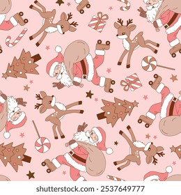 Seamless vector pattern with cute vintage Santa Claus on roller skate and Christmas deer. Hand drawn retro Christmas background. Perfect for textile, wallpaper or nursery print design. 