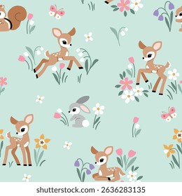 Seamless vector pattern with cute vintage fawn, rabbit and squirrel on floral background. Hand drawn woodland illustration. Perfect for textile, wallpaper or print design. EPS10 vector file.
