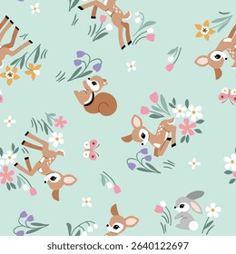 Seamless vector pattern with cute vintage fawn, rabbit and squirrel on floral background. Hand drawn woodland illustration. Perfect for textile, wallpaper or print design. EPS10 vector file.