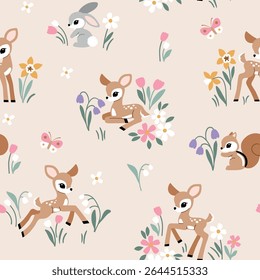 Padrão de vetor sem emenda com fofo vintage fawn, coelho e esquilo em fundo floral. Ilustração de floresta desenhada à mão. Perfeito para design têxtil, papel de parede ou impressão. Arquivo de vetor EPS10.