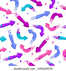 Seamless vector pattern with cute violet, pink and blue arrows with spots and flowers. Cartoon child background. Bright colorful wrapping