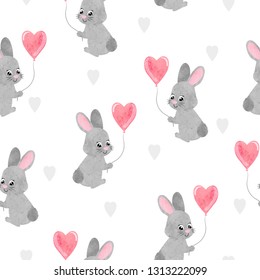 Seamless vector pattern with cute watercolor bunny and hearts. Valentines day illustration.	