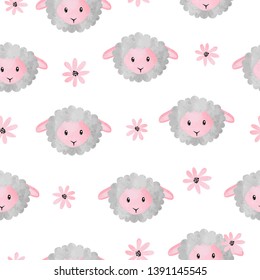 Seamless vector pattern with cute watercolor sheep and flowers.