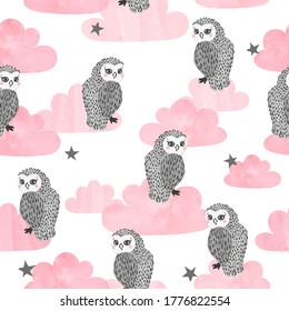Seamless vector pattern with cute watercolor owls and clouds.