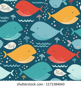 Seamless vector pattern with cute whales.