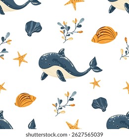 Padrão de vetor sem emenda com baleias bonitas, algas marinhas coloridas, estrelas-do-mar e conchas no fundo branco - Ilustração com tema de oceano para decoração de praia, artigos de papelaria de verão, produtos para crianças, embalagem e Na