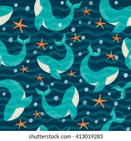 Seamless vector pattern with cute whales and bright starfishes. Childish background with hand drawn sea elements. Vector illustration