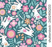Seamless vector pattern with cute white rabbits on floral background. Hand drawn Easter bunny pattern with tiny flowers. EPS 10 vector file. Perfect for textile, wallpaper or nursery print design. EPS
