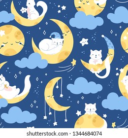 Seamless vector pattern, cute white cat sleeping on a moon, starry night sky