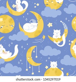 Seamless vector pattern, cute white cat sleeping on a moon, starry night sky