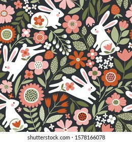 Seamless vector pattern with cute, white rabbits on floral background. Perfect for textile, wallpaper or print design. 