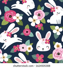 Seamless vector pattern with cute white rabbits on floral background. Perfect for textile, wallpaper or print design. 