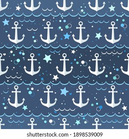 Seamless Vector Pattern With Cute White Anchor On Marine Sea Background. Design For Print, Fabric, Wallpaper, Card, Baby Shower