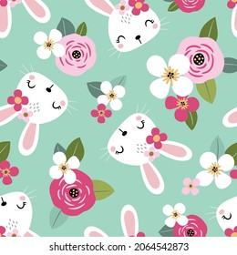 Seamless vector pattern with cute white rabbits on floral background. Perfect for textile, wallpaper or print design. 