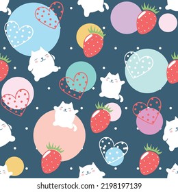 Seamless vector pattern with cute white cats, strawberries, hearts and big colorful circles on dark blue background with white dots. Bright and cheerful texture.