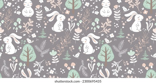 Seamless vector pattern with cute white bunny, birds, mushrooms and trees with forest background. Pastel palette pattern perfect for baby or children print materials.