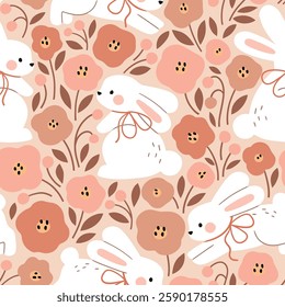 Seamless vector pattern with cute white rabbits. Hand drawn Easter bunny pattern. EPS 10 vector file. Perfect for textile, wallpaper or nursery print design.