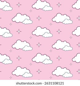 Seamless vector pattern with cute white cartoon clouds on pink background. Perfect for baby fabric, nursery decor, kids notebooks, gift wrap, wallpapers, and kawaii-themed branding.