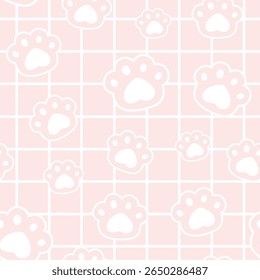 Seamless vector pattern of cute white cat paw prints on a pastel pink grid. Perfect for kids’ products, pet designs, textiles, and kawaii-themed backgrounds.