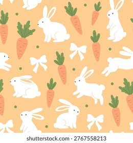 Seamless vector pattern with cute white rabbits, carrots, and bows on a warm pastel background. Playful and charming design with a soft, minimal style perfect for kids and nursery themes. Ideal for fabric, textile prints, wrapping paper, wallpaper, stationery, and digital backgrounds. Cozy and cheerful composition inspired by spring, Easter, and nature, suitable for baby products and children’s design.