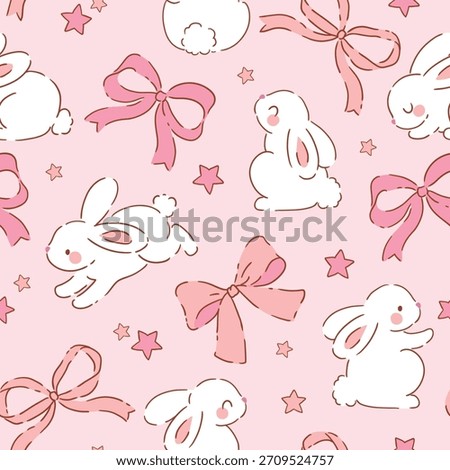 Seamless vector pattern with cute white rabbits, star and bow. Hand drawn  white bunny and pink ribbon. Perfect for textile, wallpaper or nursery print design. 