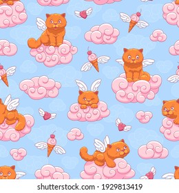 Seamless vector pattern with cute winged kittens, flying hearts and ice cream cones on a background of blue sky and pink clouds. Children's illustration.