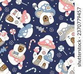 Seamless vector pattern with cute winter mushroom houses, snowflakes and snowy trees. Hand drawn  Christmas wallpaper design. Perfect for textile, wallpaper or nursery print design.