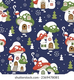 Seamless vector pattern with cute winter mushroom houses, snowflakes and snowy trees. Hand drawn  Christmas wallpaper design. Perfect for textile, wallpaper or nursery print design.