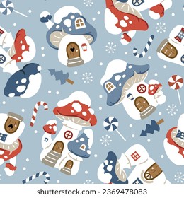 Seamless vector pattern with cute winter mushroom houses, snowflakes and snowy trees. Hand drawn  Christmas wallpaper design. Perfect for textile, wallpaper or nursery print design.