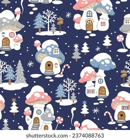 Seamless vector pattern with cute winter mushroom houses, snowflakes and snowy trees. Hand drawn  Christmas wallpaper design. Perfect for textile, wallpaper or nursery print design.