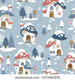 Seamless vector pattern with cute winter mushroom houses, snowflakes and snowy trees. Hand drawn  Christmas wallpaper design. Perfect for textile, wallpaper or nursery print design.