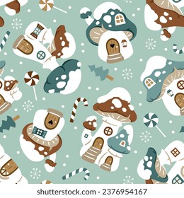 Seamless vector pattern with cute winter mushroom houses, snowflakes and snowy trees. Hand drawn  Christmas wallpaper design. Perfect for textile, wallpaper or nursery print design.