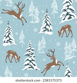 Seamless vector pattern with cute winter deer, snowy landscape with pine trees and snowflakes. Hand drawn illustration artwork. Perfect for textile, wallpaper or print design.