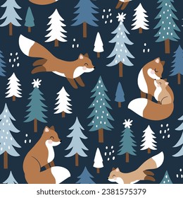 Seamless vector pattern with cute winter fox family, snowy landscape with pine trees and snowflakes. Hand drawn illustration artwork. Perfect for textile, wallpaper or print design.