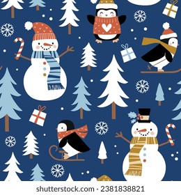 Seamless vector pattern with cute winter penguins, snowmen, snowflakes and pine trees. Hand drawn  Christmas wallpaper design. Perfect for textile, wallpaper or nursery print design.