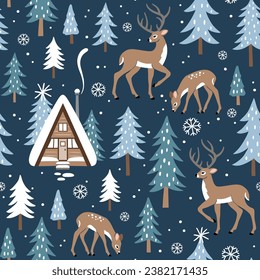 Seamless vector pattern with cute winter deer, snowy landscape with pine trees and woodland cabin. Hand drawn illustration artwork. Perfect for textile, wallpaper or print design.