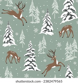 Seamless vector pattern with cute winter deer, snowy landscape with pine trees and snowflakes. Hand drawn illustration artwork. Perfect for textile, wallpaper or print design.