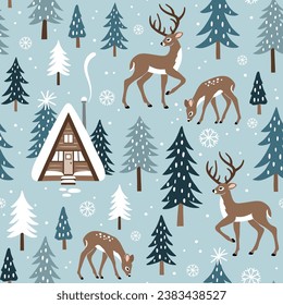 Seamless vector pattern with cute winter deer, snowy landscape with pine trees and woodland cabin. Hand drawn illustration artwork. Perfect for textile, wallpaper or print design.