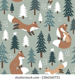 Seamless vector pattern with cute winter fox family, snowy landscape with pine trees and snowflakes. Hand drawn illustration artwork. Perfect for textile, wallpaper or print design.