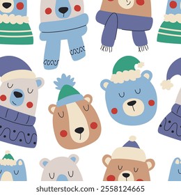 Seamless vector pattern with cute winter bears wearing hats, scarves and warm jumpers. Perfect for textile, fabric or wallpaper design for children's room.