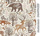 Seamless vector pattern with cute woodland animals, trees and leaves. Hand drawn Scandinavian woodland illustration. Perfect for textile, wallpaper or print design.