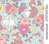 Seamless vector pattern with cute woodland animals and summer flowers. Hand drawn floral background with deer, fox, white rabbit and bird. Perfect for textile, wallpaper or nursery print design. 